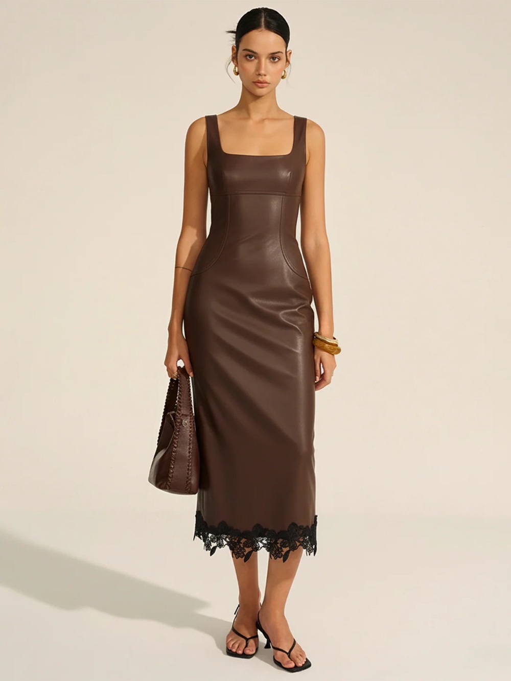 COMMENSE Lace Trim PU Leather Sleeveless Midi to Maxi Dress - size XSmall